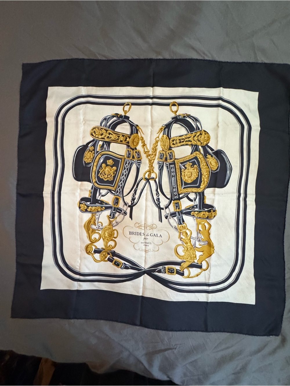 Hermes Brides de Gala silk scarf in Navy, white, gold 90cm squared